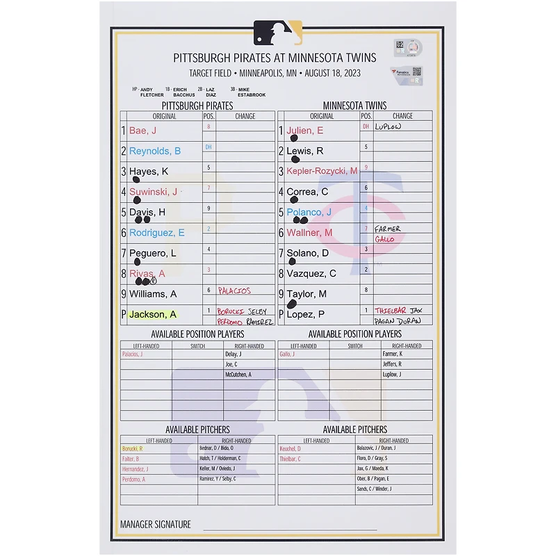 Carte de composition des équipes des Pirates de Pittsburgh contre les Twins du Minnesota le août 2023