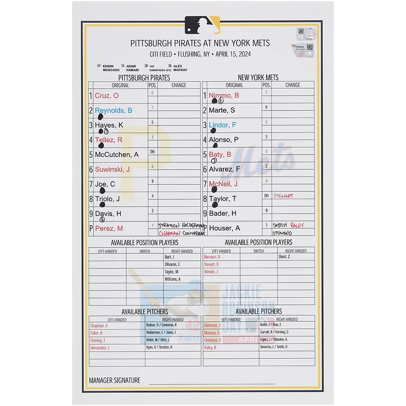 Pittsburgh Pirates Game-Used Lineup Card vs. New York Mets on April 15, 2024