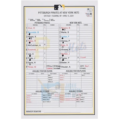 Pittsburgh Pirates Game-Used Lineup Card vs. New York Mets on April 15, 2024