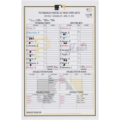 Pittsburgh Pirates Game-Used Lineup Card vs. New York Mets on April 17, 2024