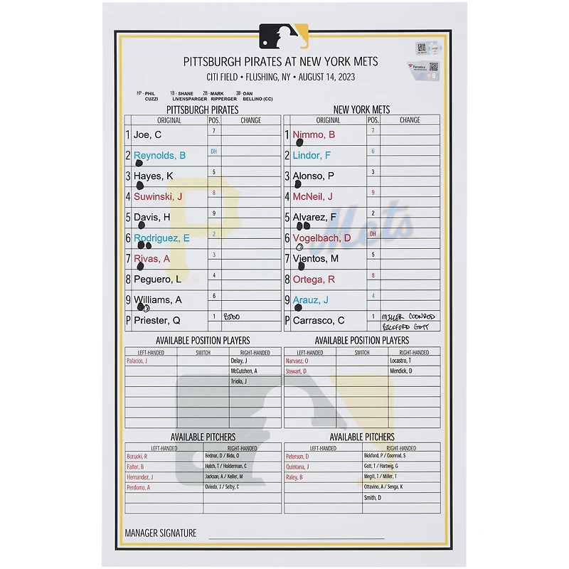 Carte de composition des équipes des Pirates de Pittsburgh contre les Mets de New York le août 2023