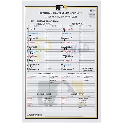 Carte de composition des équipes des Pirates de Pittsburgh contre les Mets de New York le août 2023