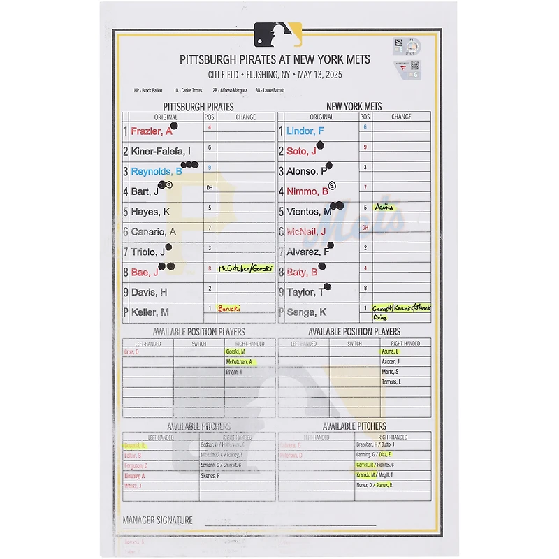 Carte de composition des équipes des Pirates de Pittsburgh contre les Mets de New York