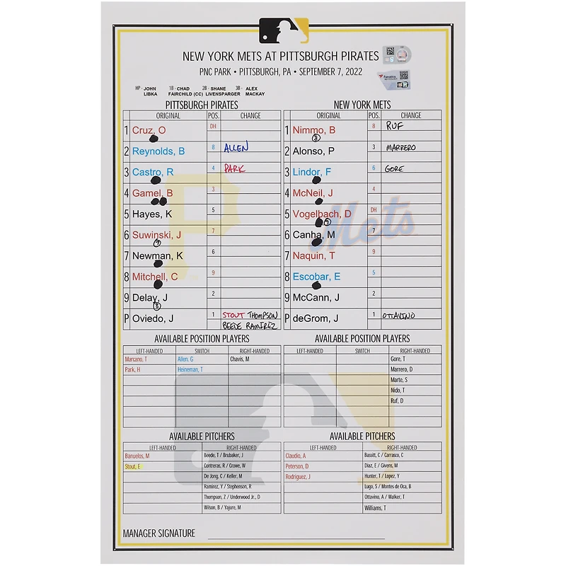 Carte de composition des équipes des Pirates de Pittsburgh contre les Mets de New York le 7 septembre 2022 - Deuxième match du programme double