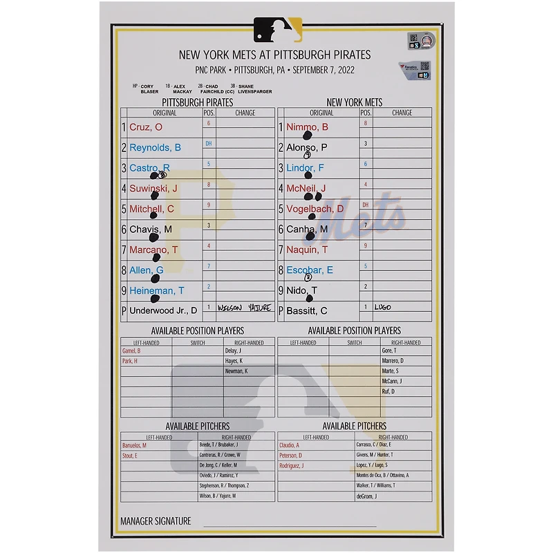 Carte de composition des équipes des Pirates de Pittsburgh contre les Mets de New York le septembre 2022