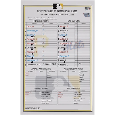 Carte de composition des équipes des Pirates de Pittsburgh contre les Mets de New York le septembre 2022
