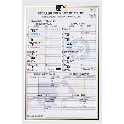 Pittsburgh Pirates Game-Used Lineup Card vs. Oakland Athletics on April 29, 2024