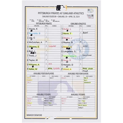 Pittsburgh Pirates Game-Used Lineup Card vs. Oakland Athletics on April 30, 2024