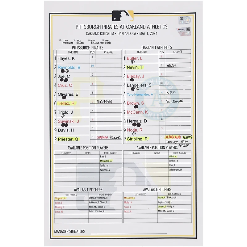 Pittsburgh Pirates Game-Used Lineup Card vs. Oakland Athletics on May 1, 2024