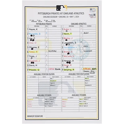 Pittsburgh Pirates Game-Used Lineup Card vs. Oakland Athletics on May 1, 2024