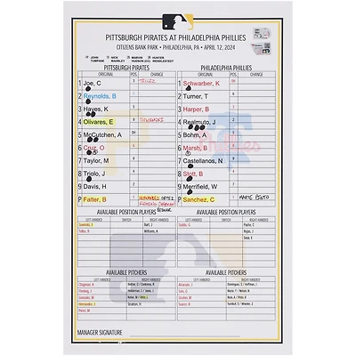 Pittsburgh Pirates Game-Used Lineup Card vs. Philadelphia Phillies on April 12, 2024
