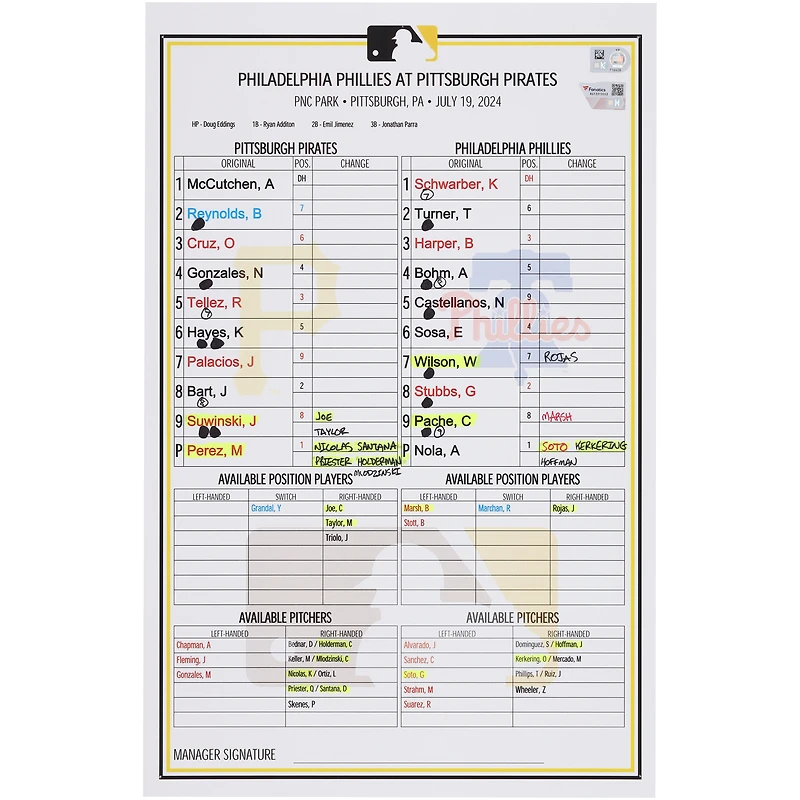 Pittsburgh Pirates Game-Used Lineup Card vs. Philadelphia Phillies on July 19, 2024