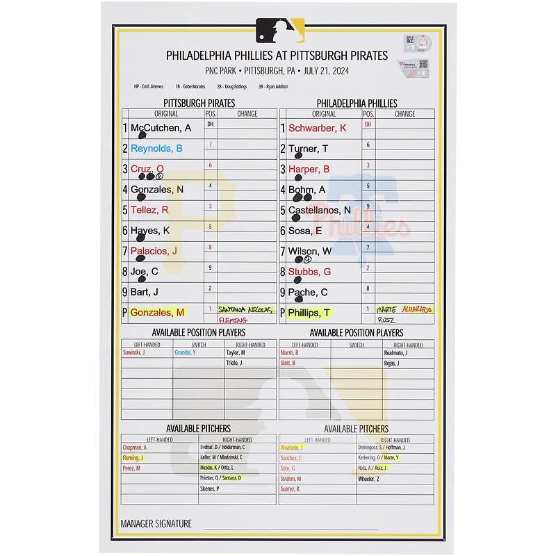 Pittsburgh Pirates Game-Used Lineup Card vs. Philadelphia Phillies on July 21, 2024