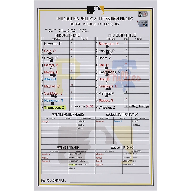 Carte de composition des équipes des Pirates de Pittsburgh contre les Phillies de Philadelphie le juillet 2022