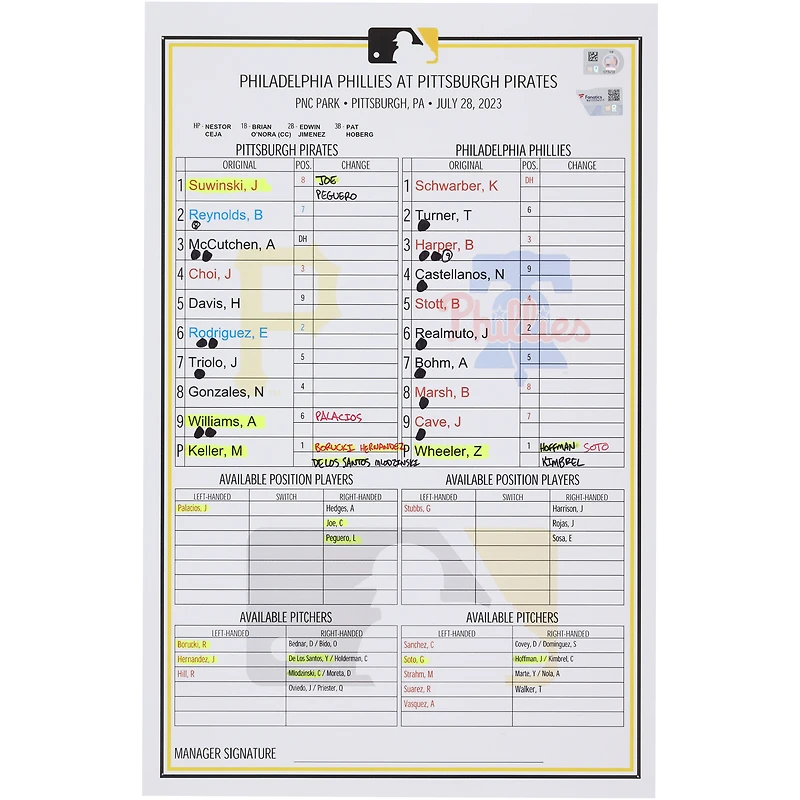 Carte de composition des équipes des Pirates de Pittsburgh contre les Phillies de Philadelphie le 28 juillet 2023