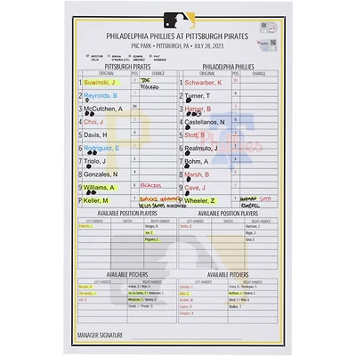 Carte de composition des équipes des Pirates de Pittsburgh contre les Phillies de Philadelphie le 28 juillet 2023