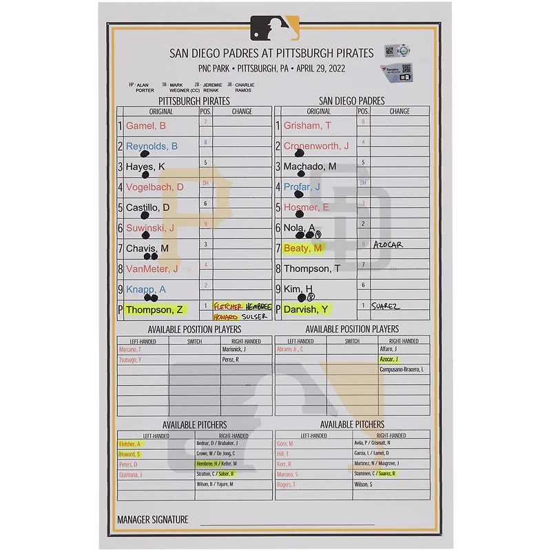 Carte de composition des équipes des Pirates de Pittsburgh contre les Padres de San Diego le 29 avril 2022