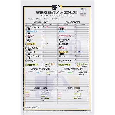 Pittsburgh Pirates Game-Used Lineup Card vs. San Diego Padres on August 12, 2024