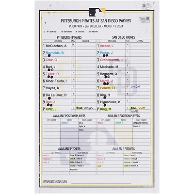 Pittsburgh Pirates Game-Used Lineup Card vs. San Diego Padres on August 13, 2024