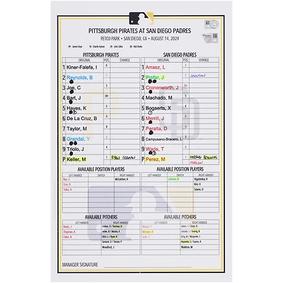 Pittsburgh Pirates Game-Used Lineup Card vs. San Diego Padres on August 14, 2024