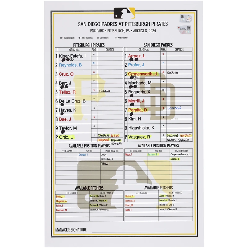 Pittsburgh Pirates Game-Used Lineup Card vs. San Diego Padres on August 8, 2024
