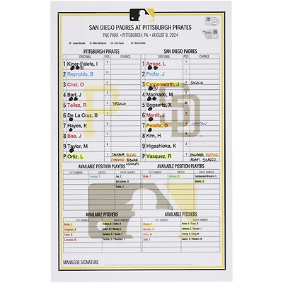 Pittsburgh Pirates Game-Used Lineup Card vs. San Diego Padres on August 8, 2024