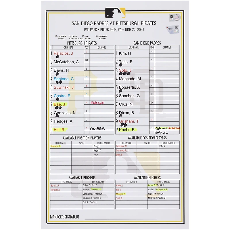 Carte de composition des équipes des Pirates de Pittsburgh lors du match contre les Padres de San Diego le 27 juin 2023