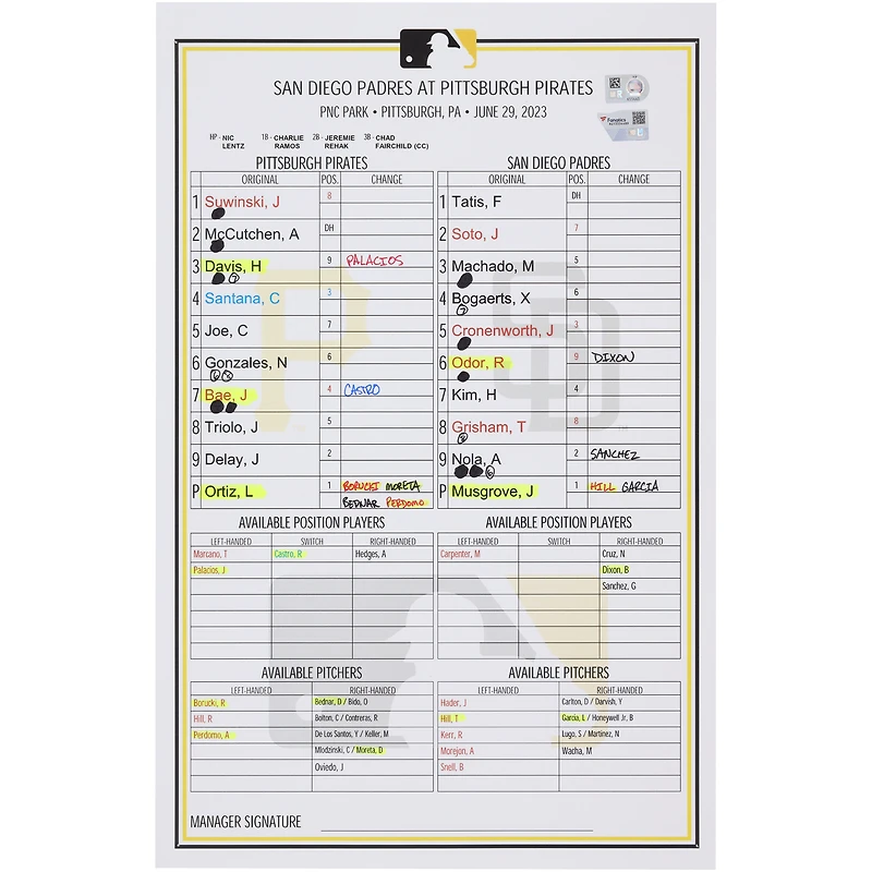 Carte de composition des équipes des Pirates de Pittsburgh contre les Padres de San Diego le 29 juin 2023