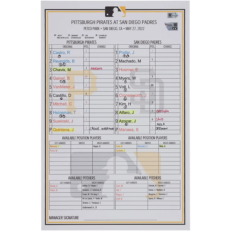Carte de composition des équipes des Pirates de Pittsburgh contre les Padres de San Diego le 27 mai 2022