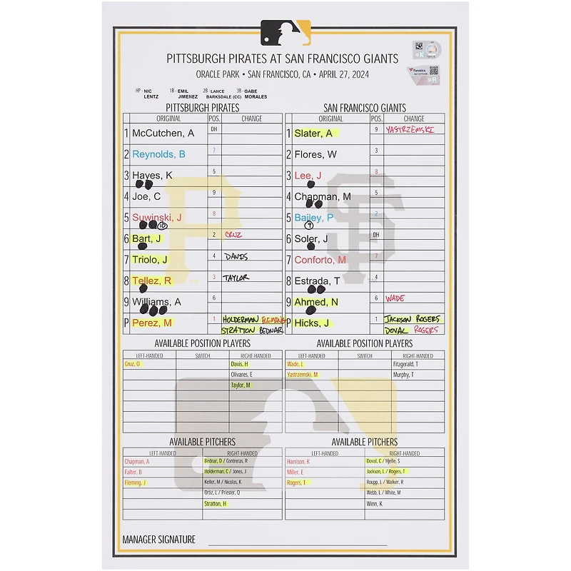 Pittsburgh Pirates Game-Used Lineup Card vs. San Francisco Giants on April 27, 2024