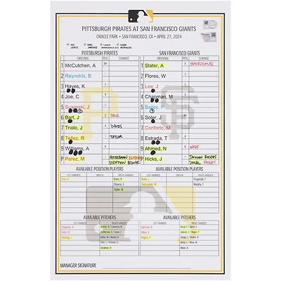 Pittsburgh Pirates Game-Used Lineup Card vs. San Francisco Giants on April 27, 2024