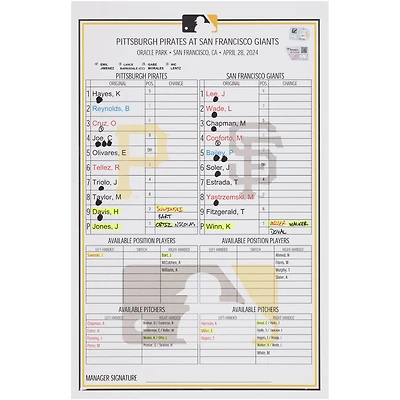Pittsburgh Pirates Game-Used Lineup Card vs. San Francisco Giants on April 28, 2024
