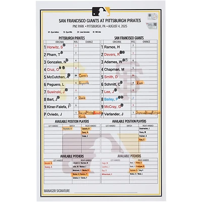 Carte de composition des Pirates de Pittsburgh lors du match contre les Giants de San Francisco