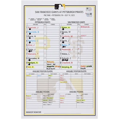 Carte de composition des équipes des Pirates de Pittsburgh contre les Giants de San Francisco le juillet 2023