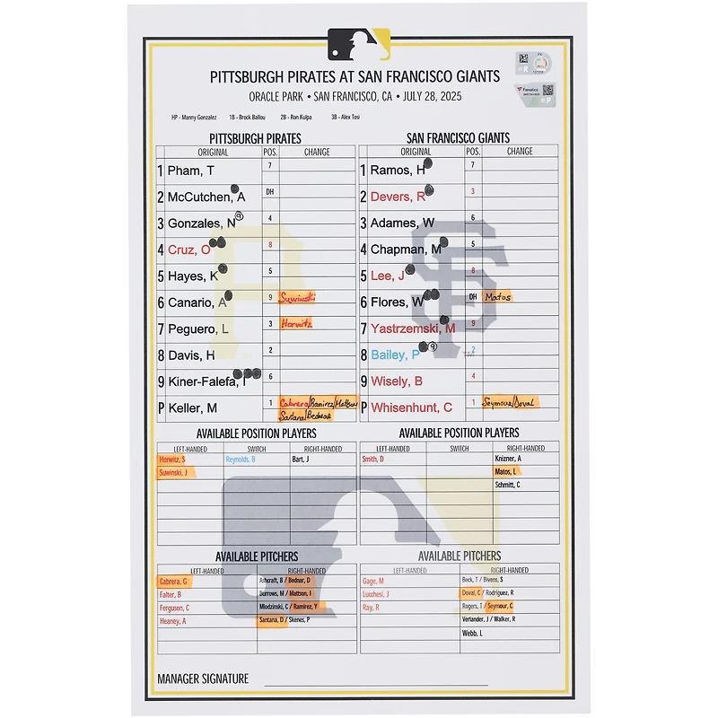 Carte de composition des équipes des Pirates de Pittsburgh lors du match contre les Giants de San Francisco, le 28 juillet 2025