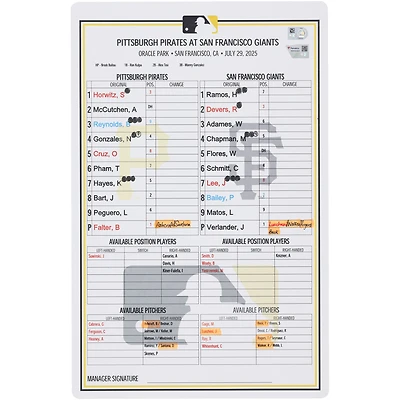 Carte de composition des Pirates de Pittsburgh lors du match contre les Giants de San Francisco le 29 juillet 2025
