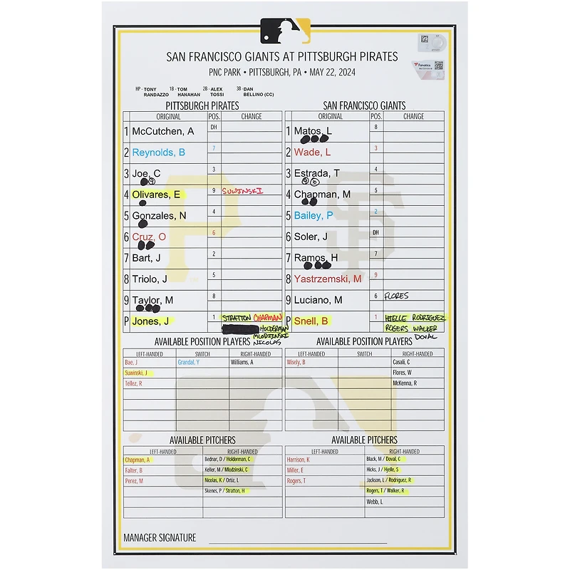 Pittsburgh Pirates Game-Used Lineup Card vs. San Francisco Giants on May 22, 2024