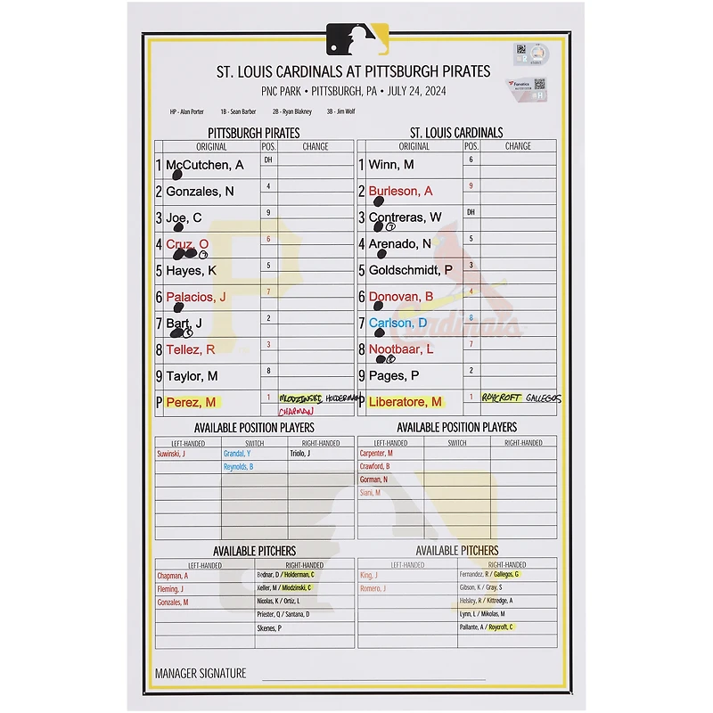 Pittsburgh Pirates Game-Used Lineup Card vs. St. Louis Cardinals on July 24, 2024