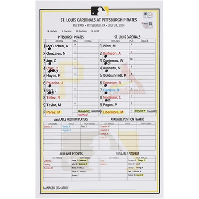 Pittsburgh Pirates Game-Used Lineup Card vs. St. Louis Cardinals on July 24, 2024