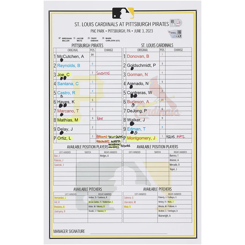 Carte de composition des équipes des Pirates de Pittsburgh contre les Cardinals de Saint-Louis le juin 2023