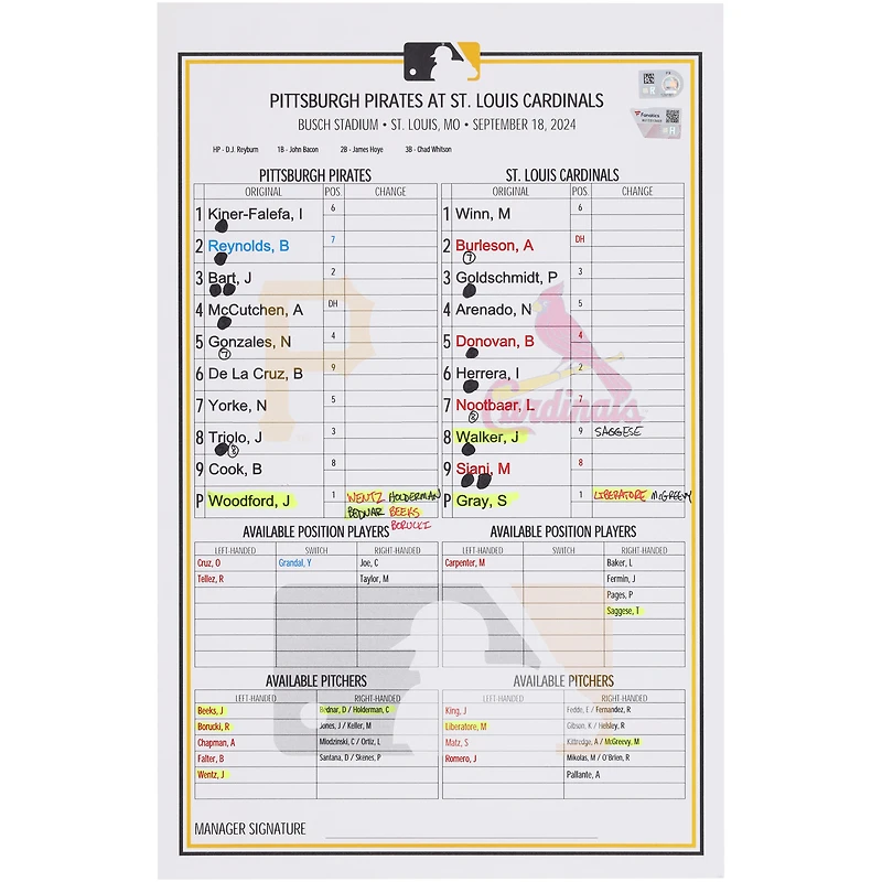 Pittsburgh Pirates Game-Used Lineup Card vs. St. Louis Cardinals on September 18, 2024