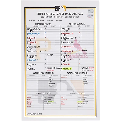 Pittsburgh Pirates Game-Used Lineup Card vs. St. Louis Cardinals on September 19, 2024