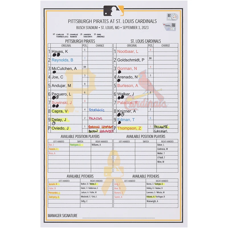 Carte de composition des équipes des Pirates de Pittsburgh contre les Cardinals de Saint-Louis le 3 septembre 2023