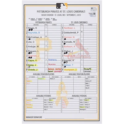 Carte de composition des équipes des Pirates de Pittsburgh contre les Cardinals de Saint-Louis le 3 septembre 2023