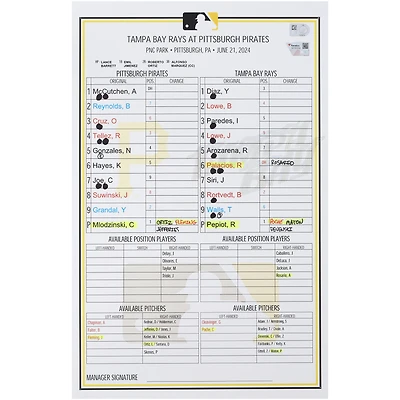 Pittsburgh Pirates Game-Used Lineup Card vs. Tampa Bay Rays on June 21, 2024