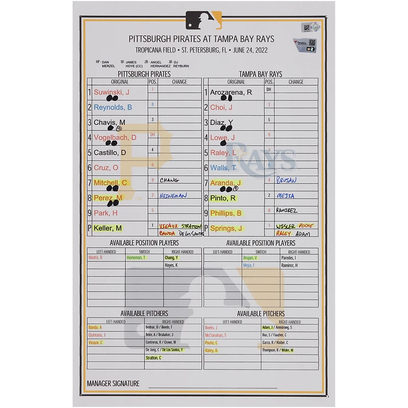 Carte de composition des équipes des Pirates de Pittsburgh contre les Rays de Tampa Bay le juin 2022