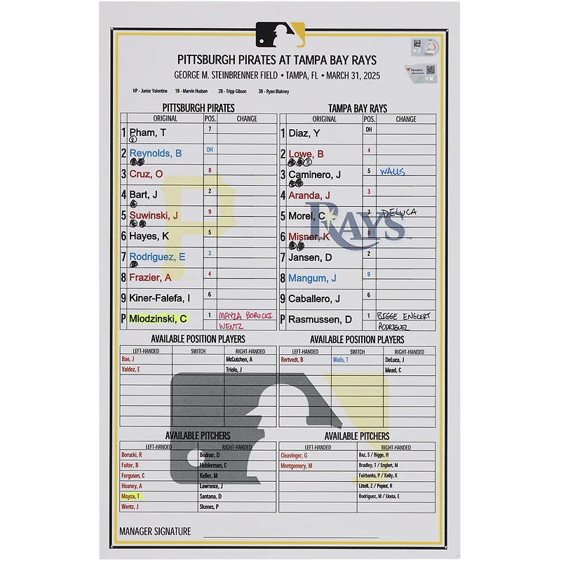 Carte de composition des Pirates de Pittsburgh lors du match contre les Rays de Tampa Bay, le 31 mars 2025