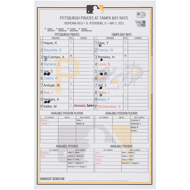 Carte de composition des équipes des Pirates de Pittsburgh contre les Rays de Tampa Bay le mai 2023
