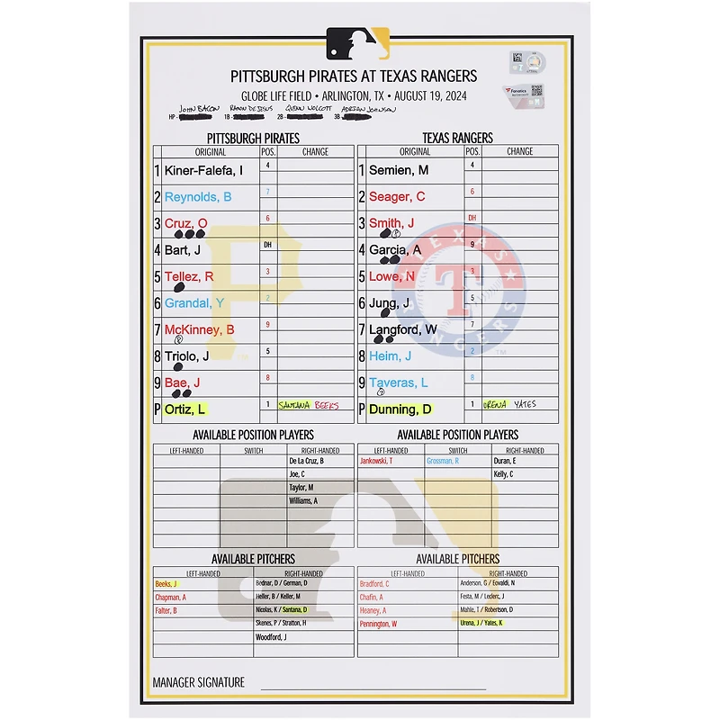 Pittsburgh Pirates Game-Used Lineup Card vs. Texas Rangers on August 19, 2024