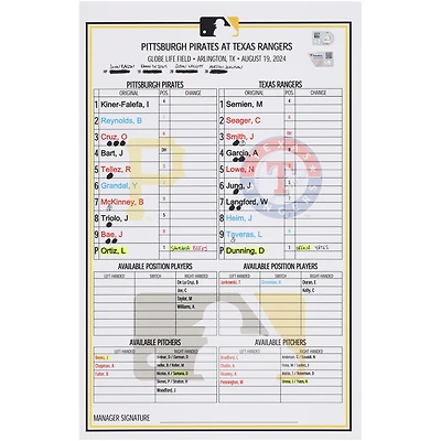 Pittsburgh Pirates Game-Used Lineup Card vs. Texas Rangers on August 19, 2024